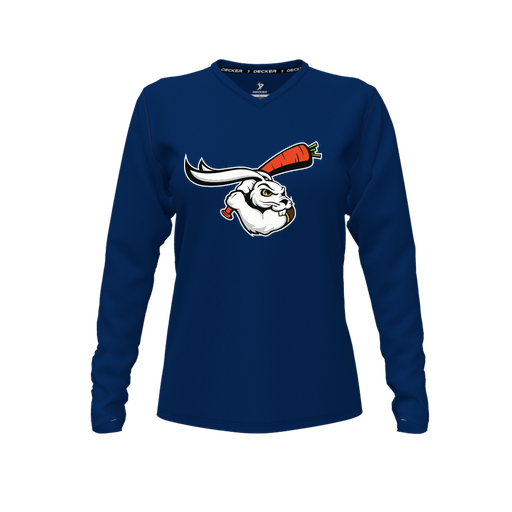 [CUS-DFW-TEES-CMF-VNK-LSL-NVY-FYXS-LOGO3] Decker Comfort T-Shirt (Female Youth XS, Navy, V Neck, Logo 3, Long Sleeve)